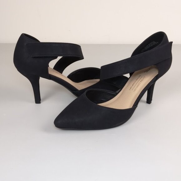 3/$20 George Asymmetric Pointed Heels Elegant Black Faux Suede Cushioned Shoes - Picture 2 of 13